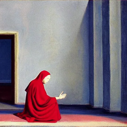 Prompt: praying nun in red clothes staying in the middle of abandoned huge temple, by Edward Hopper