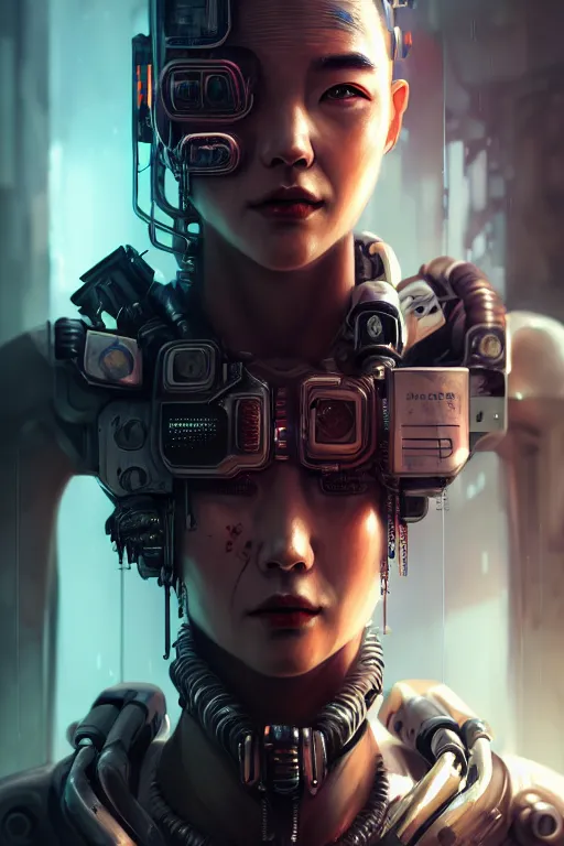 Image similar to a hyper detailed octane render concept art by xision wu, kerem beyit, sandara tang portrait of cyberpunk cyborg, dim lighting, detailed portraits, unreal engine 5, highly rendered,, digital painting, artstation, concept art, smooth, sharp focus perfect horizontal ， symmetry illustration, detailed and intricate environment artstation hq