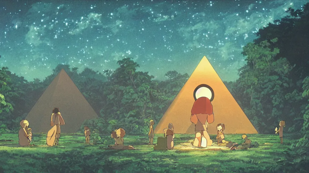 Image similar to a movie still from a studio ghibli film showing a glowing pyramid in the rainforest. a group of giant aliens meditate outside on a misty and starry night. by studio ghibli