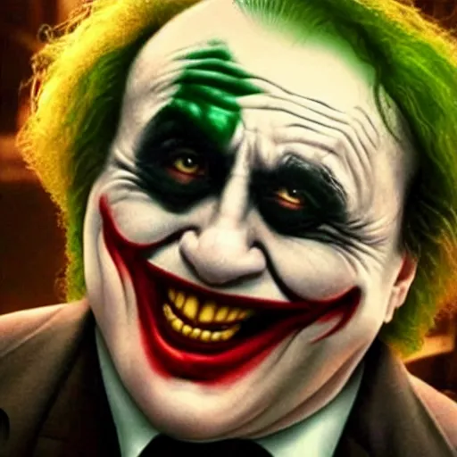 Image similar to Danny Devito as The Joker, still image from Batman movie, shot of face