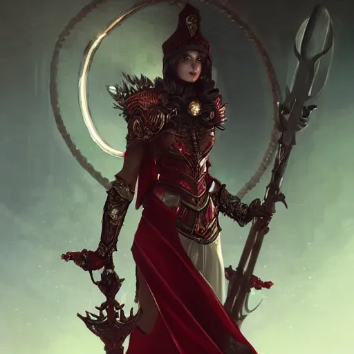 Image similar to a beautiful woman in a crimson cloak holding a glowing white spear and an obsidian shield, silver intricate armor, spotlight, ornate, realistic, cinematic lighting, sunbeams, volumetric lighting, epic pose, victorian, opulent, fantasy concept art, mohrbacher, beeple