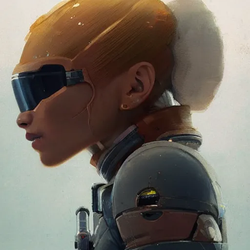 Prompt: a beautiful portrait of a space bounty hunter by greg rutkowski and jamie hewlett trending on artstation