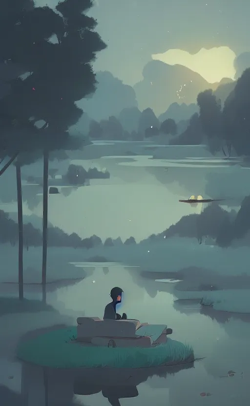 Image similar to a cute pond scenic cinematic environment by Atey Ghailan