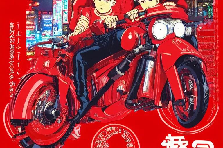 Prompt: Kaneda riding red futuristic Akira motorcycle in Neo Tokyo, created by Hideaki Anno + Katsuhiro Otomo +Rumiko Takahashi, Movie poster style, box office hit, a masterpiece of storytelling, (Akira 1988) highly detailed 8k