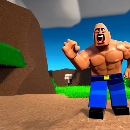 Image similar to screenshot from roblox game dwayne the rock johnson as roblox character