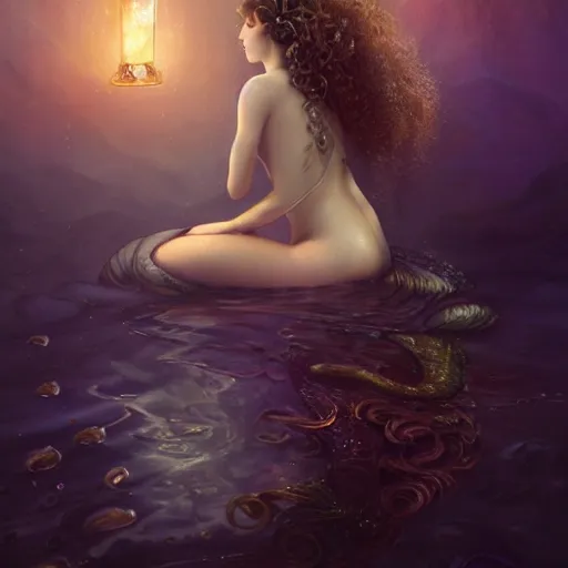 Image similar to beautiful mermaid with curly hair, magical details, magical atmosphere, digital art, concept art, devianart, cinematic lighting, hyper - detailed, cgsociety, 3 - d 8 k, high resolution, in the style of charlie bowater, tom bagshaw, alexis franklin, elena masci, pawel rebisz