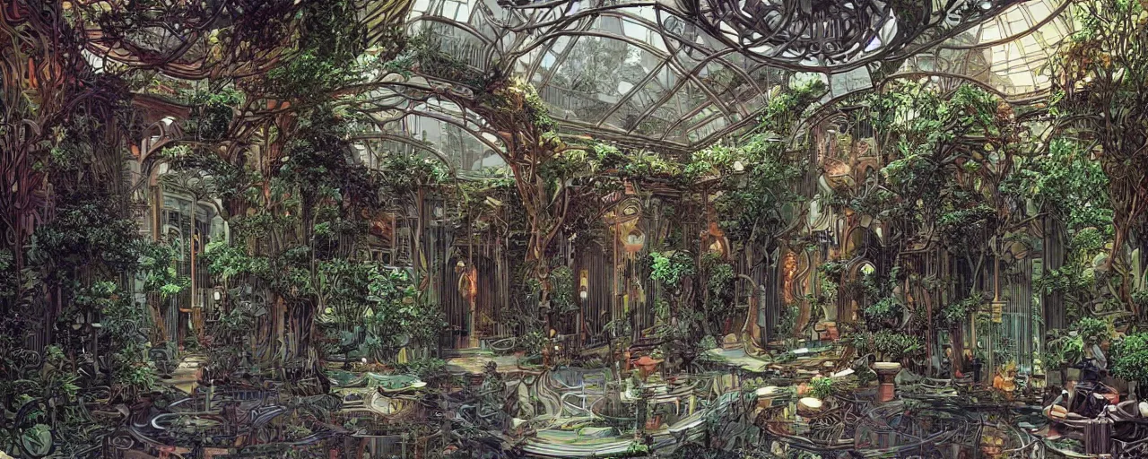 Image similar to a luxurious scifi futuristic victorian garden courtyard by killian eng, moebius, philippe druillet