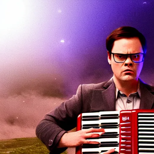 Prompt: dwight schrute playing the accordion and yelling, dramatic scene, heavy blue fog, red lightning, ultra wide angle, movie still, photorealistic, stranger things, netflix, upside - down, colorful lighting, grainy, aerial shot, shot from above, movie still, monsters in background holding back