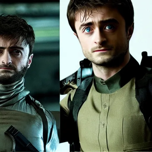 Prompt: Solid Snake played by Daniel Radcliffe, Metal Gear movie still, cinematic,