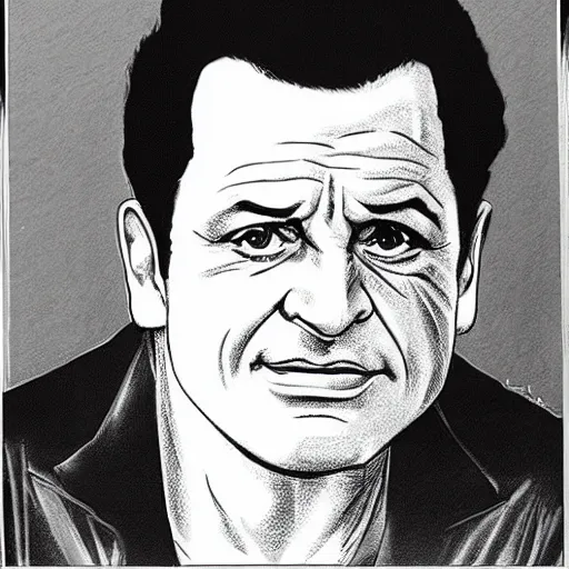 Image similar to Joe Pesci drawn in a black and white manga panel, art by Nobuyuki Fukumoto