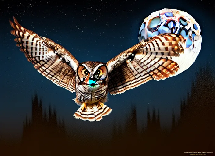 Image similar to an extremely detailed masterpiece photorealistic of a western screech - owl in flight moon in background, in the style of, brian bolland, digital art, unreal engine, volumetric lighting, dark moody lighting, trending on artstation, photorealistic, epic scene