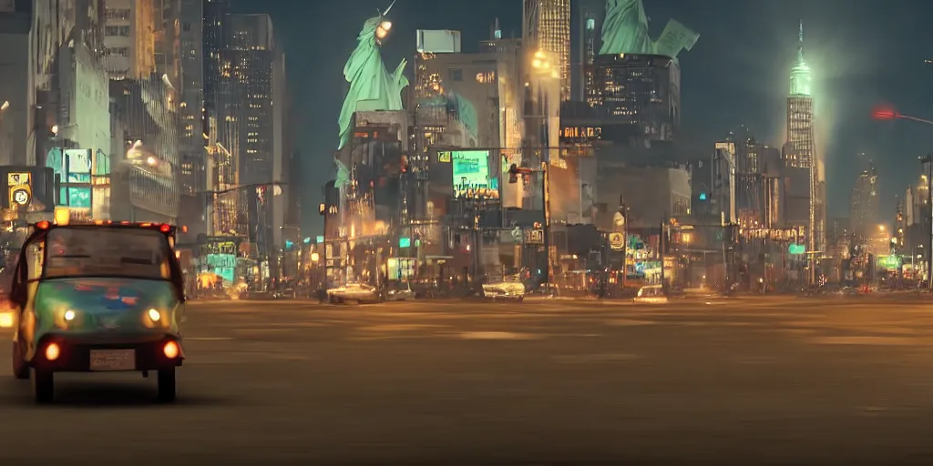 Image similar to a tuk tuk walking through a desolate manhattan city street at night statue of liberty seen in the background realistic 4 k octane beautiful