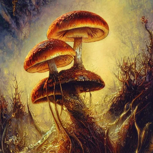 Prompt: fantastic mushrooms, by bruce pennington, carne griffiths, donato giancola, high light, high detailed, 4 k resolution w 1 0 2 4