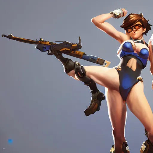 Image similar to greg manchess splashart painting of overwatch's tracer in a bikini, overwatch art team, cinematic composition, award winning art, octane render