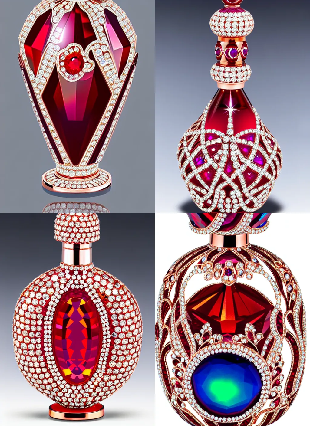 Prompt: elaborate swarovski crystal faberge perfume bottle crimson and rose gold diamonds opals rubies, 4 k, reflections