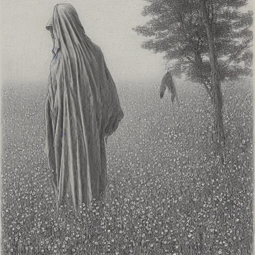 Image similar to faceless grim reaper with veil over face at distance in beautiful meadow of flowers, detailed pencil illustration by gustave dore, highly detailed, centered, high resolution, smooth, sharp focus, illustration