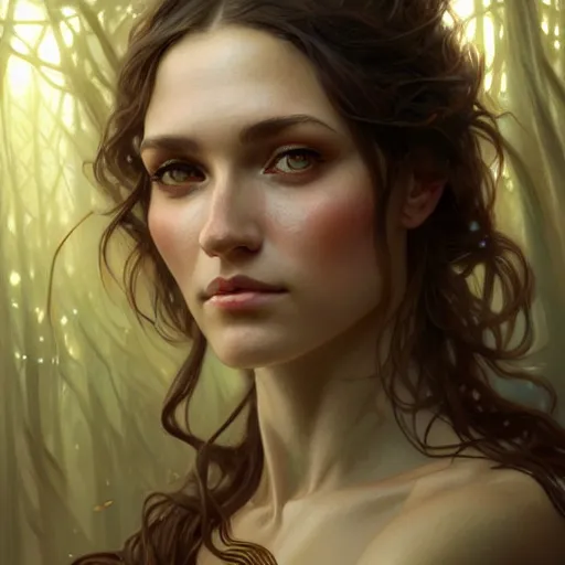 Image similar to alexandra daddarioportrait of forest gog, female, clear face, masculine, upper body, muscular, fantasy, intricate, elegant, highly detailed, digital painting, artstation, concept art, matte, sharp focus, illustration, art by artgerm and greg rutkowski and alphonse mucha