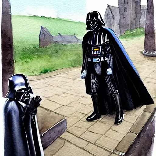 Prompt: a watercolor painting of darth vader leaving a church in a a quaint english village