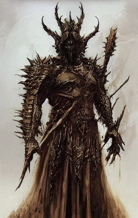 Image similar to hades in hellish ornamented armor, wearing hellish spiky war helm, beksinski, hercules concept art, weta workshop concept art