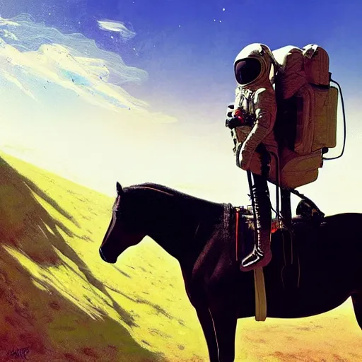 Image similar to a horse on top a man, a horse carried by a astronaut, hyperrealism, no blur, 4 k resolution, ultra detailed, style of ron cobb, adolf hiremy - hirschl, syd mead, ismail inceoglu, rene margitte