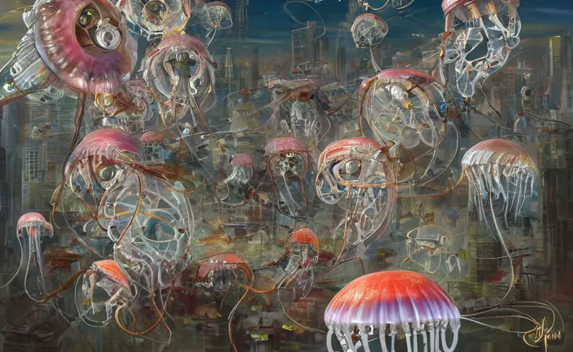 Image similar to Cyborg biomechanical jellyfish city. By Konstantin Razumov, highly detailded