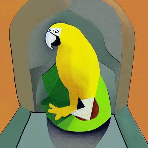 Prompt: parrot made of lemon sitting in the armchair made of avocado in cubism style