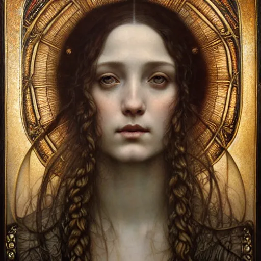 Image similar to detailed realistic beautiful young medieval queen face portrait by jean delville, tom bagshaw, brooke shaden, gustave dore and marco mazzoni, art nouveau, symbolist, visionary, gothic, pre - raphaelite, ornate gilded medieval icon, surreality, ethereal, unearthly