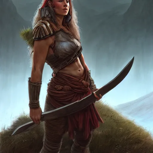 Prompt: a warrior, female, she carries an axe, the axe is resting on her shoulder, she is grabbing a nearby tree, looking onto the horizon, a big wolf is next to her, fall, mountain landscape, portrait by magali villeneuve and ames jean and artgerm and greg rutkowski, 4 k, artstation, realistic, cinematic composition, d & d