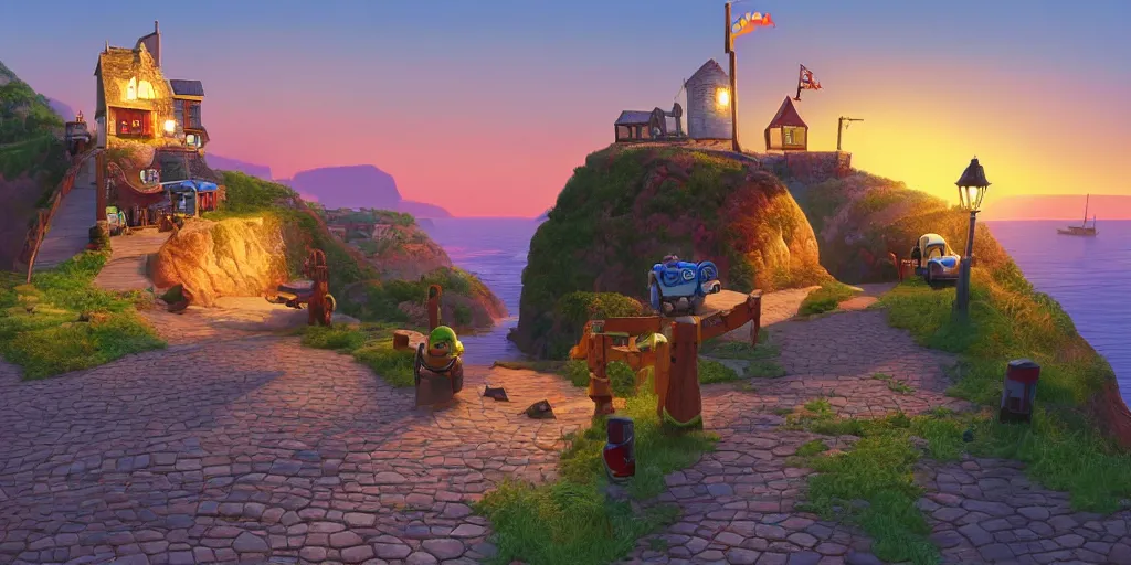 Image similar to epic professional digital art of a lonely cobblestone street with a kiosk on a cliff over the sea at sunset, highly detailed, pixar movie, in the style of toy story, trending at artstation