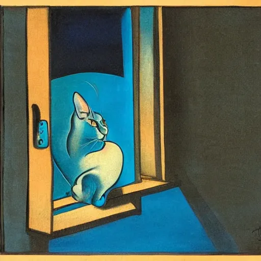 Prompt: The blue cat looking out of the window at night , Dali style