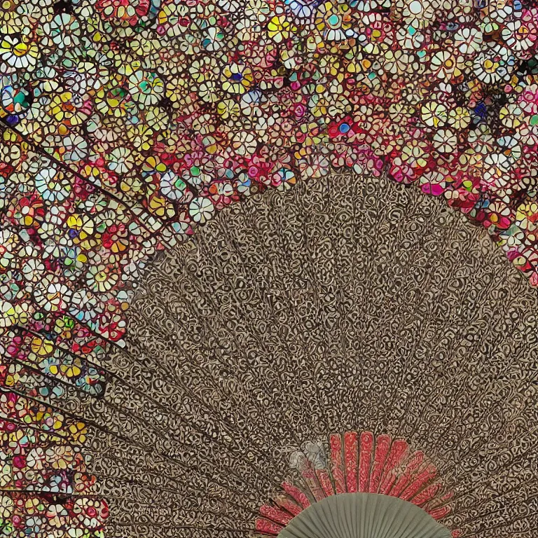 Image similar to japanese silk fan pattern, takashi murakami, digital painting, highly detailed, intricate, elegant, artstation, concept art, beautiful,