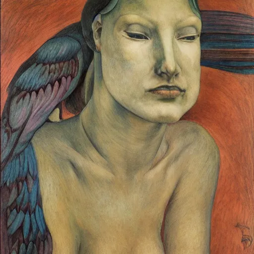 Image similar to the factory queen in her bird mask, by annie swynnerton and diego rivera and lucien freud and jean delville, symbolist, dramatic lighting, elaborate geometric ornament, head and shoulders view, art brut, soft pastel colors, smooth, sharp focus, extremely detailed, adolf wolfli, leo and diane dillon, nicholas roerich