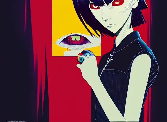 Image similar to editorial illustration by Karolis Strautniekas and Mads Berg, colorful, anime portrait vampire princess miyu, katsuhiro otomo, murata range, haruhiko mikimoto, Ilya kuvshinov,fine texture, smooth cel shading, fine details, matte print, film noir, dramatic lighting, dynamic composition, cinematic, film grain, moody, vivid, volumetric,stippled lighting