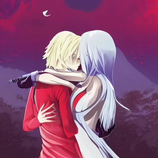 Prompt: the blonde vampire with the title kiss - shot acerola - orion heart - under - blade hugging ted kaczynski under a blue moon and red sky, highly detailed, art