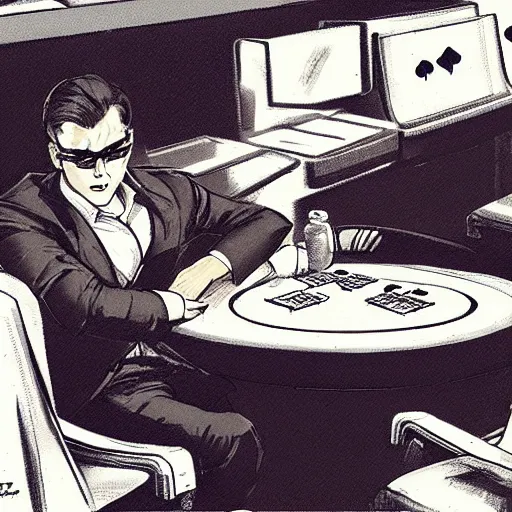 Prompt: sharp looking young man sitting at a gambling table, predatory, artstation, comic book art