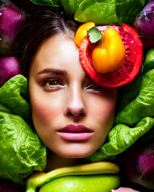 Prompt: a photograph of an attractive female model with a symmetrical face swaddled in lush photorealistic fruits, vegetables, and flowers. vivid colors, soft lighting, atmospheric, cinematic 8 k