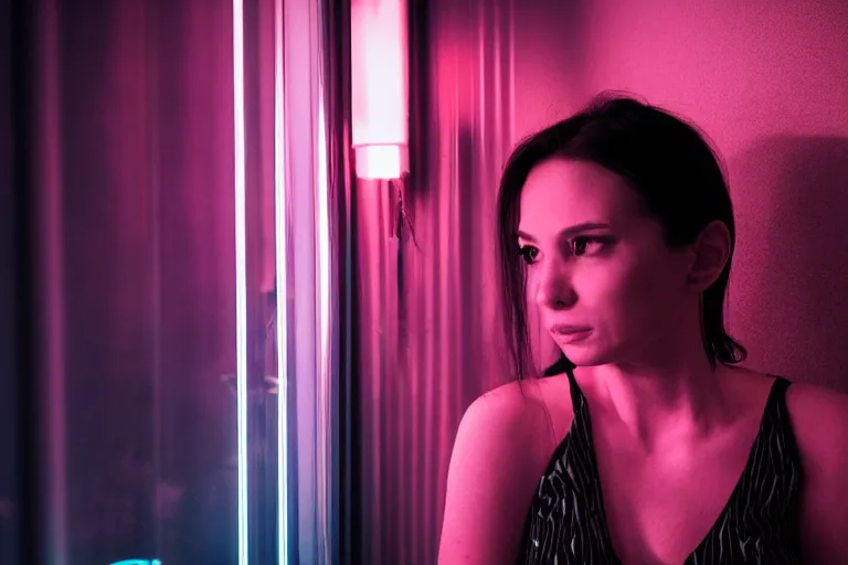 Image similar to cinematography closeup portrait of a cyborg business woman in a cyberpunk apartment, neon lighting, night, by Emmanuel Lubezki