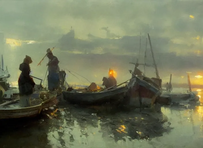 Image similar to oil painting of fishing village in dawn by anders zorn, wonderful art by greg rutkowski, incredible lighting, shadows, beautiful cinematic light