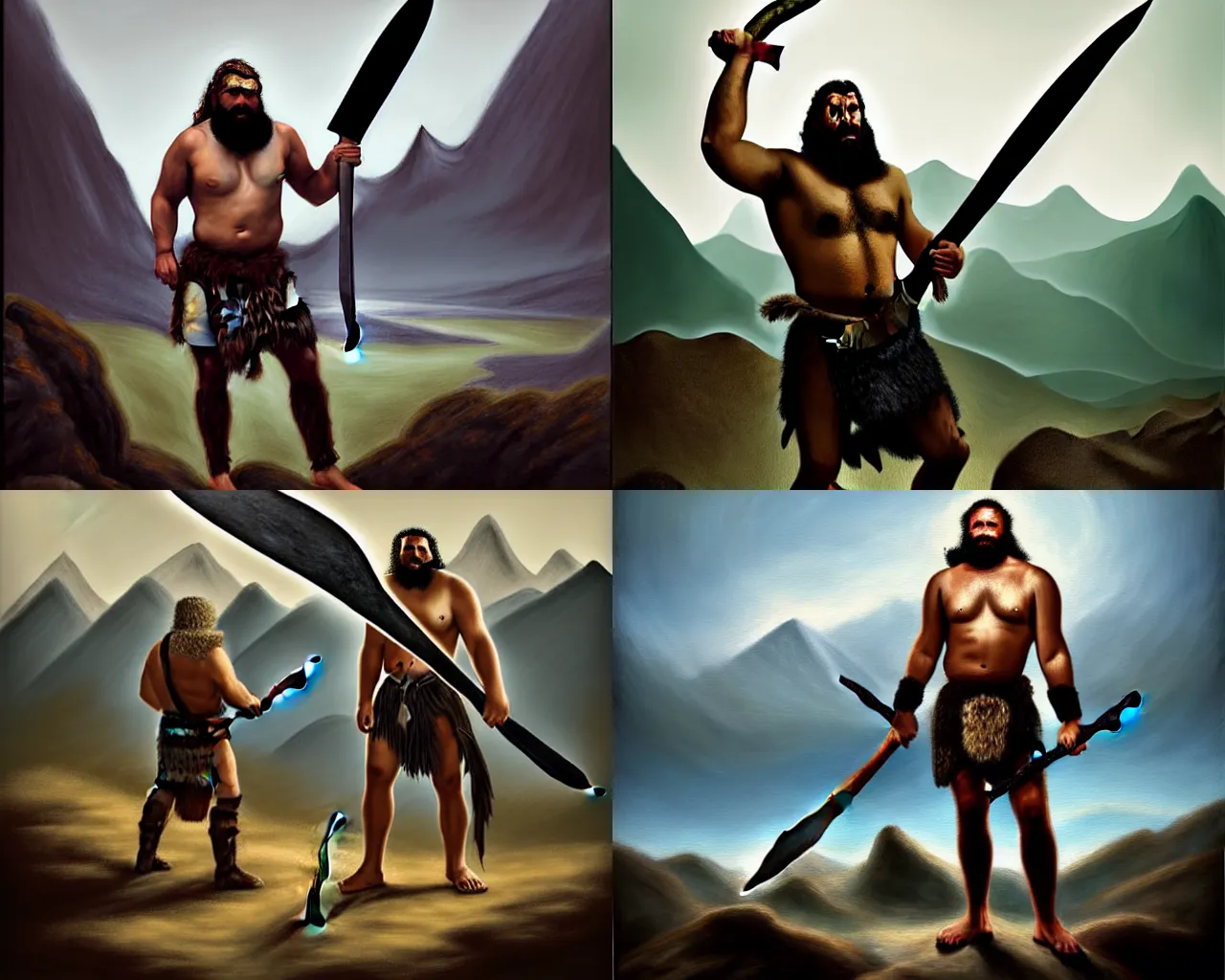 Prompt: a full body portrait painting of a barbarian man with a large axe standing in front of a mountain range by Justin Sweet, sombre mood, muted colours, d&d,