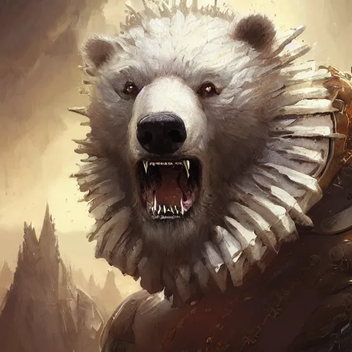 Prompt: a masterpiece digital painting of a white bear in medieval armor, roaring, fantasy, highly detailed, digital painting, trending on artstation, concept art, sharp focus, illustration in the style of wlop, greg rutkowski, artgerm and magali villeneuve