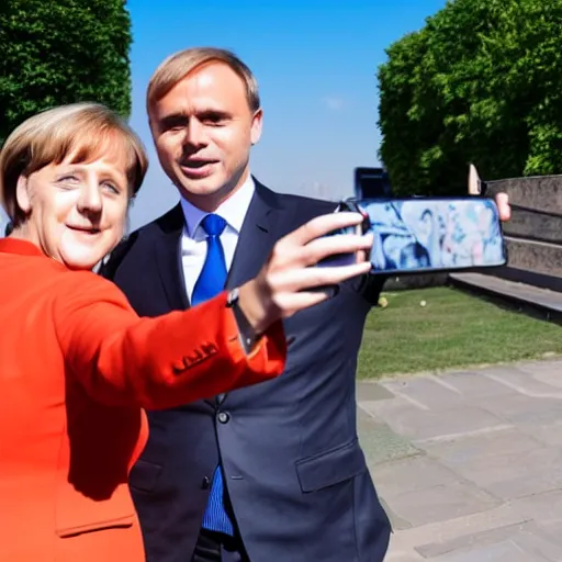 Prompt: armin taking a selfie with angela merkel in berlin