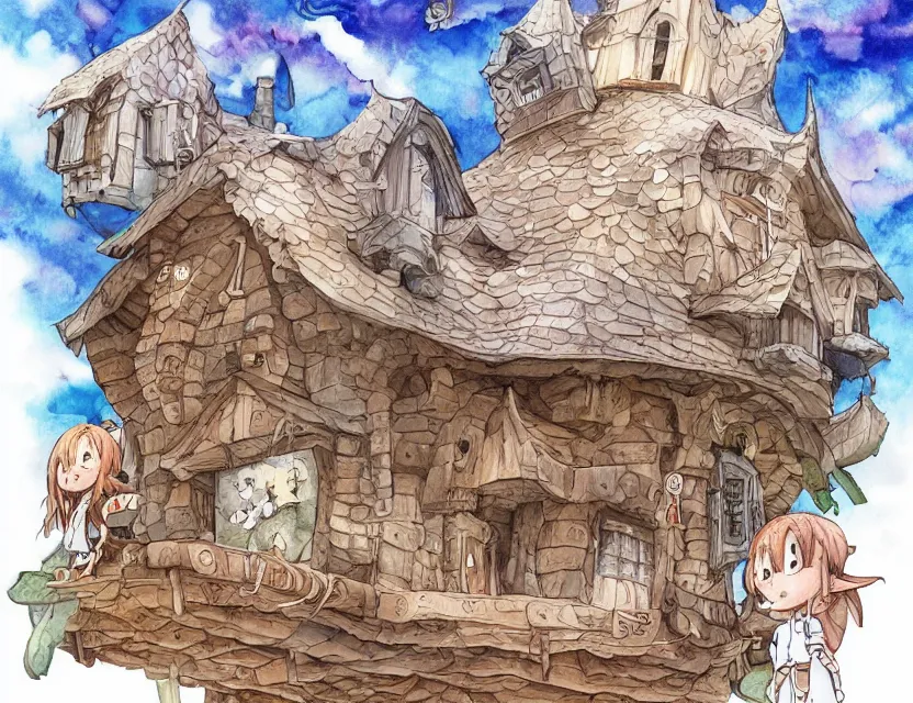 Image similar to cute and funny, a magicians cabin carved into a mountain, centered award winning watercolor pen illustration, edited by range murata, tiny details by artgerm and watercolor girl, sharply focused