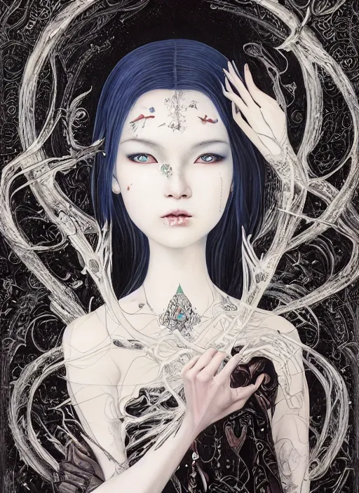 Prompt: breathtaking detailed art portrait painting of evil fantasy sorceress vampire, orthodox saint, with anxious, piercing eyes, ornate background, amalgamation of spells, by Hsiao-Ron Cheng, James jean, Miho Hirano, Hayao Miyazaki, extremely moody lighting, Black paper, cut paper texture, Full of light-blue and silver and white layers, 8K
