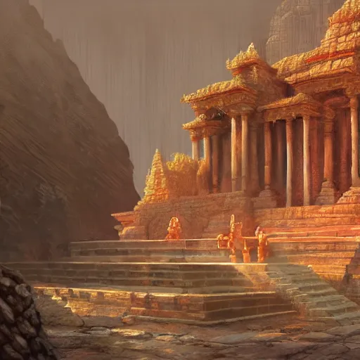 Image similar to detailed concept art of an ancient temple with sunlight filtering in, artstation, award - winning realistic concept art by jim burns and greg rutkowski, beksinski, a concept art masterpiece, red color palette, james gilleard, bruegel, alphonse mucha, and yoshitaka amano.