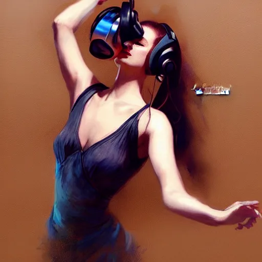 Image similar to a realism illustration of a beautiful woman with headphones dancing by bayard wu