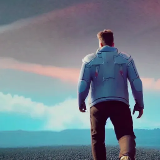 Prompt: a cinematic scene of a giant elon musk in sky blue armor walking away from a explosion of blue twitter birds