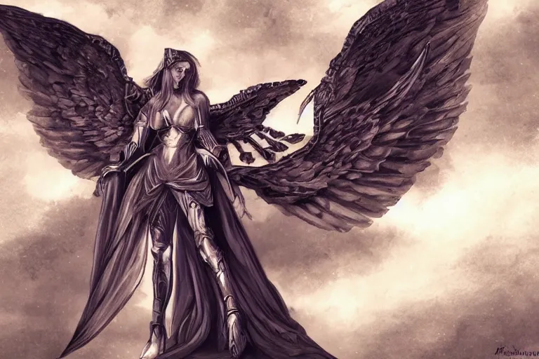 Prompt: concept art, woman angel in armor, large wingspan, dramatic pose, full color digital art