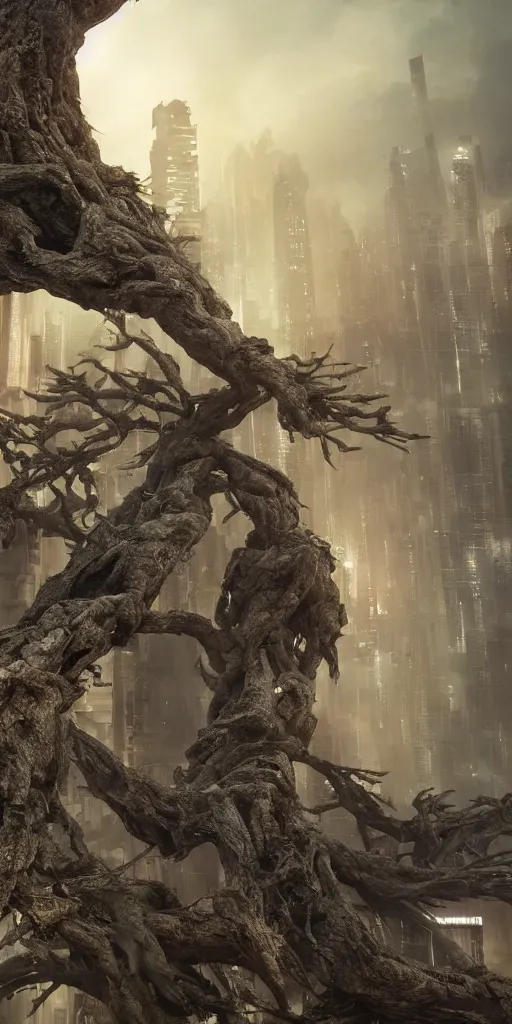 Image similar to an ancient tree destroying a dystopian city, cyberpunk, sharp focus, dynamic lights, still, photograph, hyper realistic, masterpiece, octane render, rendered, 3 d, cinematic, cinematic lighting, dramatic lighting, highly detailed, intricate details, texture, cinematic composition, wide shot, by donglu yu and kevin jick and eddie del rio