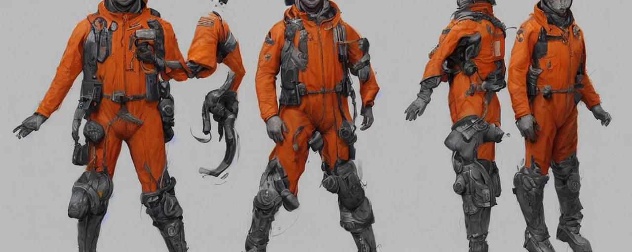 Prompt: character design, reference sheet, gaunt, 70's jetfighter pilot, unshaven, optimistic, dirty orange flight suit, concept art, photorealistic, hyperdetailed, 3d rendering! , art by Leyendecker! and thomas moran,