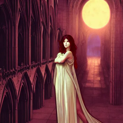 Prompt: a photo of mary elizabeth winstead as a vampire in a gothic cathedral at night, gloomy, horror, by artgerm and alphonse mucha and ross tran and greg rutkowski.